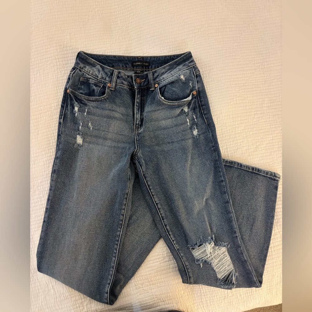 Sincerely Jules Flare Distressed Denim Jeans Boyfriend Size 0/24 Like New !